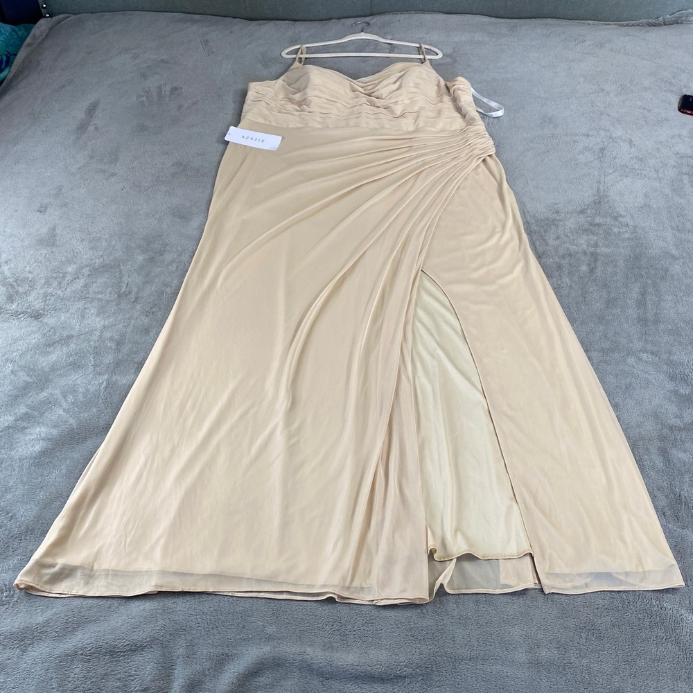 Azazie Deandra Gown Women A26 Champagne Bridesmaid Dress Ruched Side Slit Maxi